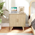 Farmhouse Square End Table with Charging Station, 24" Large Fluted Sofa Side Table with Sliding Tambour Door and Storage, Rustic Curved Wood Nightstand for Living Room, Bedroom, Natural