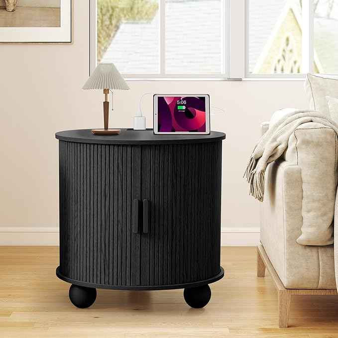 AVZEAR 24" Large Round End Table with Charging Station, Farmhouse Fluted Sofa Side Table with Sliding Tambour Door & Storage, Mid-Century Wood Nightstand for Living Room, Bedroom, Black