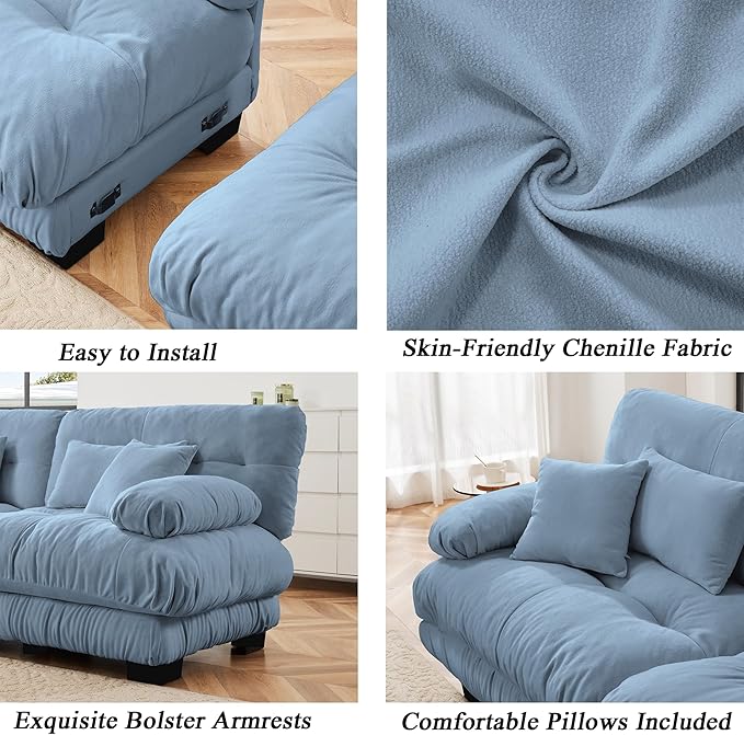 Modular Sectional Sofa, Comfy Cloud Couch 3 Seater Couch, Sectional Couches for Living Room, Modern Chenille Oversized Couches for Bedroom, Sleeper Deep Seat Sofa with Throw Pillows, Blue
