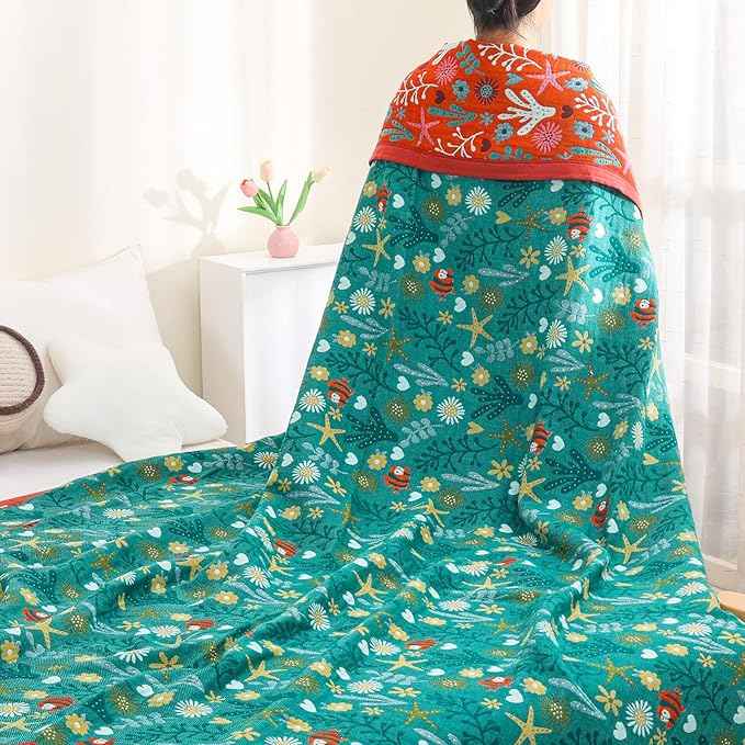 Boho Throw Blanket, 100% Organic Cotton Skin-Friendly Breathable Ultra Soft Bed Quilt Throw - All Season Blue & Red FishFarmhouse Decor Blanket for Sofa Couch Chair and Gift. 60" x 80"