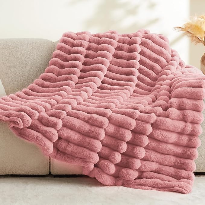 BEDELITE Faux Fur Throw Blanket for Couch, Soft and Cozy Luxurious 3D Striped Pink Fluffy Blanket, 770GSM Thick Warm Plush Fuzzy Faux Rabbit Fur Blanket for Women Gift, 50