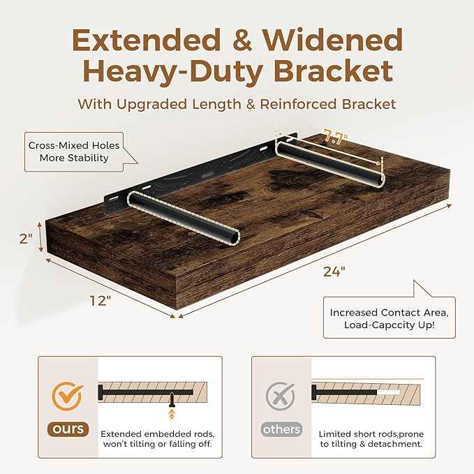 12 Inch Deep Floating Shelves, 24 x 12 Floating Shelf for Books, Rustic Wood Deep Wall Shelves for Home Storage & Display, 2" Thicked Shelves for Kitchen, Living Room, Bedroom, Rustic Brown, 2 Pack