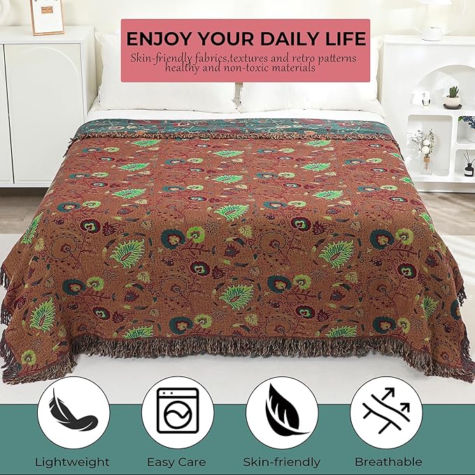 Boho Fall Throw Blanket for Bed，100% Ultra Cotton Soft Breathable Bed Throw Floral Printed Farmhouse Decor Rustic Bed Throws for Couch Sofa Quilt 90