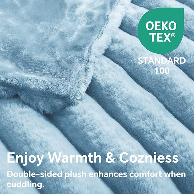 BEDELITE Faux Rabbit Fur Blanket, Luxurious 3D Striped Spring Blanket for Decor & Gift, Soft and Warm Plush Fluffy Faux Fur Throw Blanket All Seasons Suitable, (Light Blue, 50
