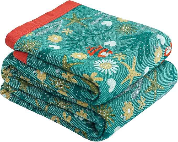 Boho Throw Blanket, 100% Organic Cotton Skin-Friendly Breathable Ultra Soft Bed Quilt Throw - All Season Blue & Red FishFarmhouse Decor Blanket for Sofa Couch Chair and Gift. 60