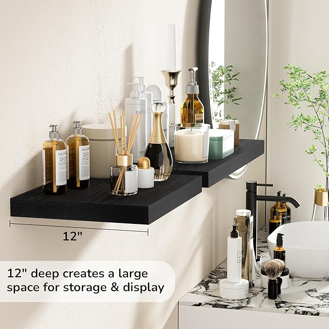 Fun Memories Floating Shelves - 2 Pack 12 Inch Deep Rustic Wooden Wall Shelves - Extra Deeper & Thicker Wall Mounted Storage Shelf for Kitchen, Farmhouse - 16