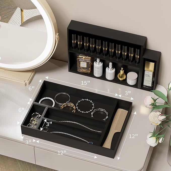 Kitchen Drawer Organizer Tray, Stackable Black Bamboo Drawer Organizer for Large Silverware, Utensils, Cutlery, Flatware, Junk, Dresser, Bathroom, 17
