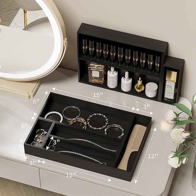 Kitchen Drawer Organizer Bins, Black Bamboo Drawer Organizer Stackable for Silverware, Utensils, Cutlery, Flatware, for Junk Drawer, Dresser, Bathroom, 12" x 3" x 2.5" (Set of 2)