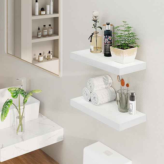 Fun Memories White Floating Shelves, 8 Inch Deep Wall Shelves Set of 2, Rustic Deep Shelves for Wall Storage, 24 x 8 Floating Shelves, 8" Deep White Shelves for Bedroom, Living Room, Kitchen