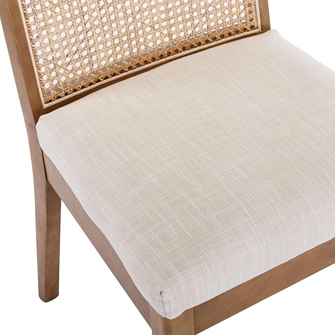 VESCASA Upholstered Dining Chairs with Square Rattan Back, Armless Padded Linen Cushion Dining Chairs with Wood Legs for Dining Room, Kitchen, Set of 4, Natural Frame