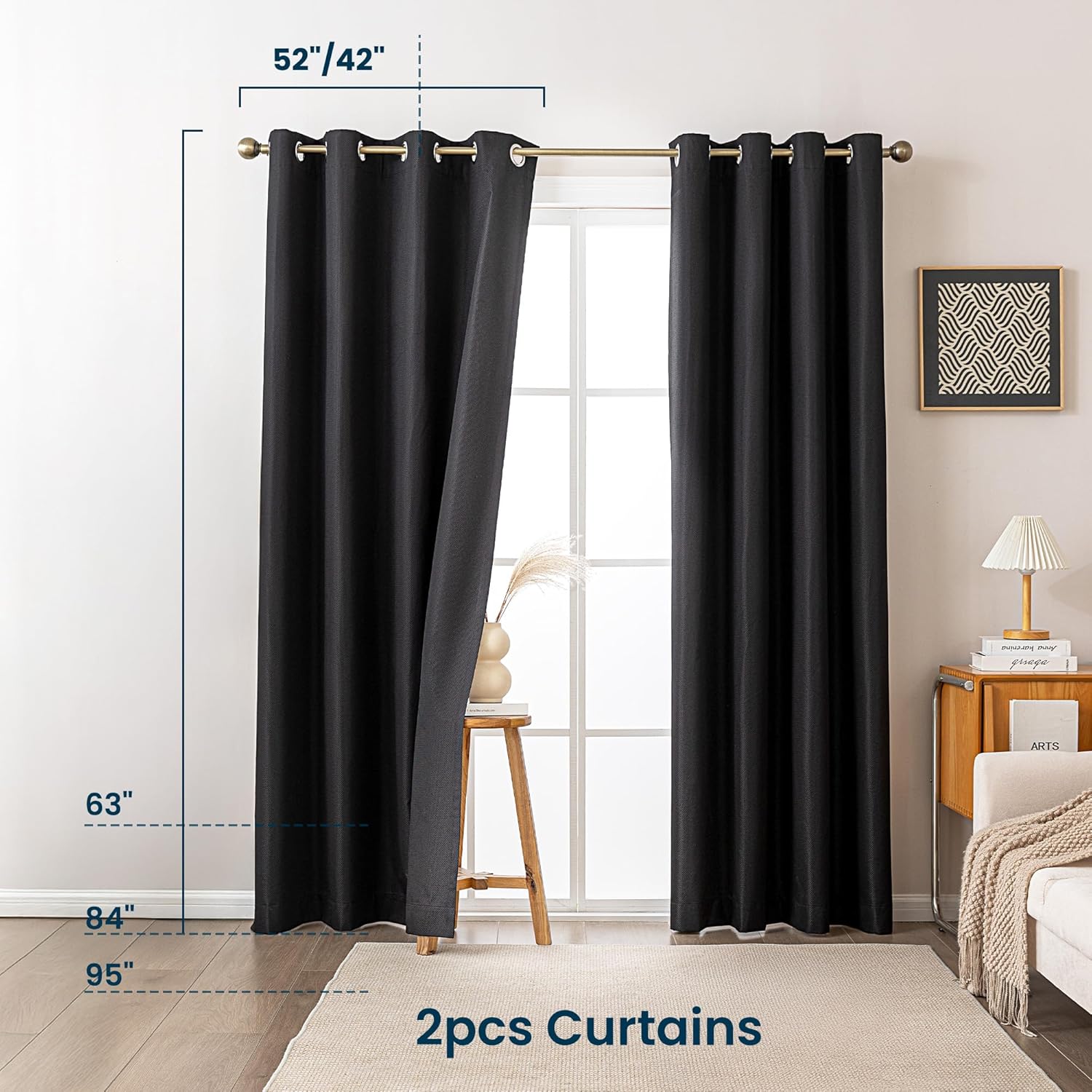Blackout Curtains for Room Darkening Window Drapes with Rod Pocket 2 Panels Set-Black