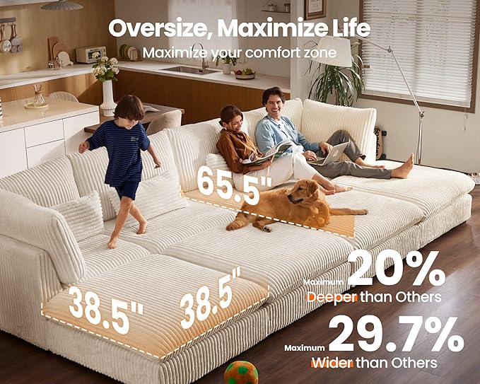 Oversized Modular Sofa, Extra Deep Cloud Corduroy Sectional Couch with Ottoman Chaise, Fluffy Chenille 6 Seat U-Shaped Sofa for Living Room, Villa (U Shape 6 Seater, Corduroy White)