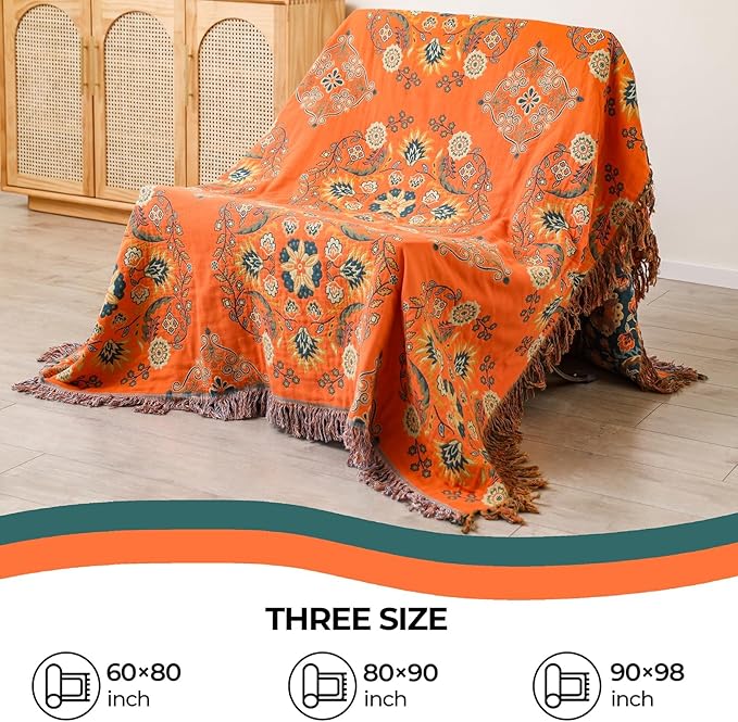 Fall Throw Blanket for Couch Bed Chair,100% Cotton Soft Lightweight Blanket Rustic Quilt -Orange Floral Printed Farmhouse Decor Bed All Season Blankets,60