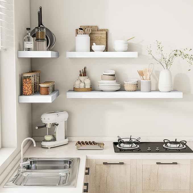 White Floating Shelves for Wall, 48 Inch X 12 Deep Shelves for Room Wall Mounted，2" Thick Heavy Duty Holds 75lbs Floating Shelf for Bedroom Bathroom Kitchen Laundry Room, Set of 2