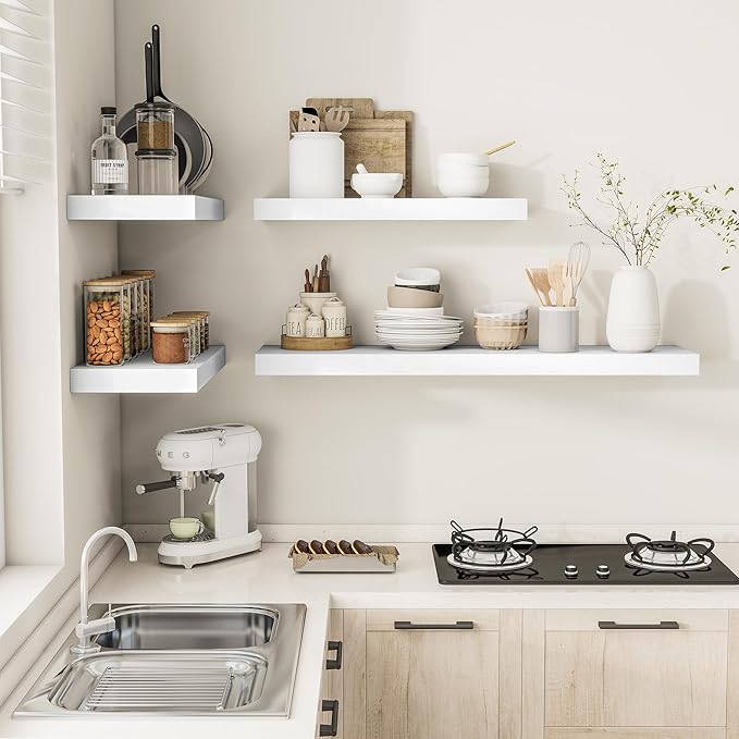 White Floating Shelves for Wall, 24 Inch X 12 Deep Shelves for Room Wall Mounted，2