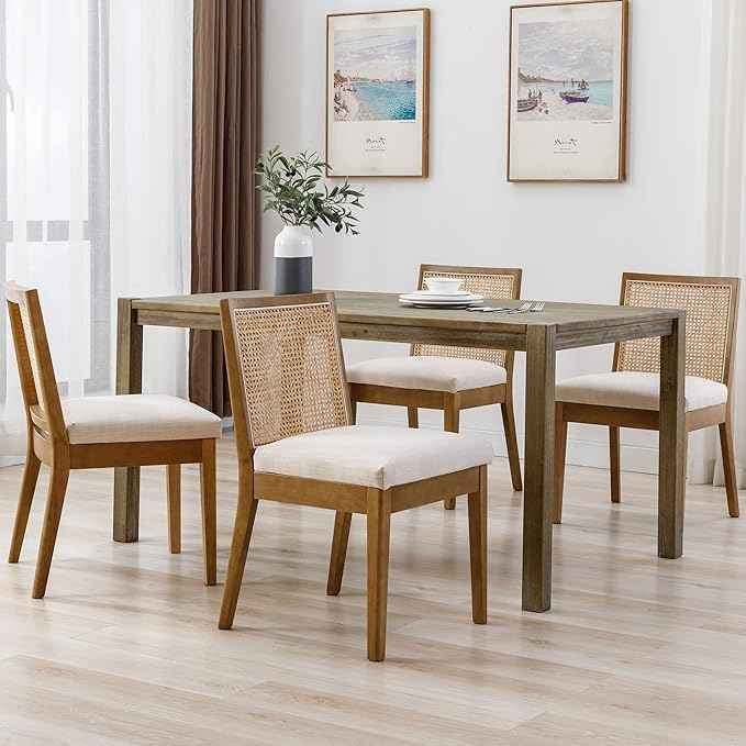 VESCASA Upholstered Dining Chairs with Square Rattan Back, Armless Padded Linen Cushion Dining Chairs with Wood Legs for Dining Room, Kitchen, Set of 4, Natural Frame