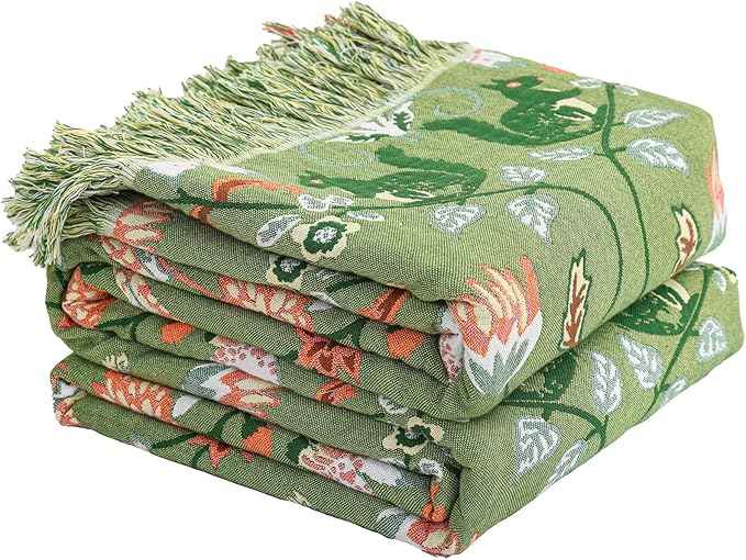 Boho Throw Blanket 80"x90", 100% Cotton Ultra Soft Luxury Throw for Couch and Sofa Blankets Home Decor, All Season Florals and Animals Throw Reversible Breathable Cozy Blankets