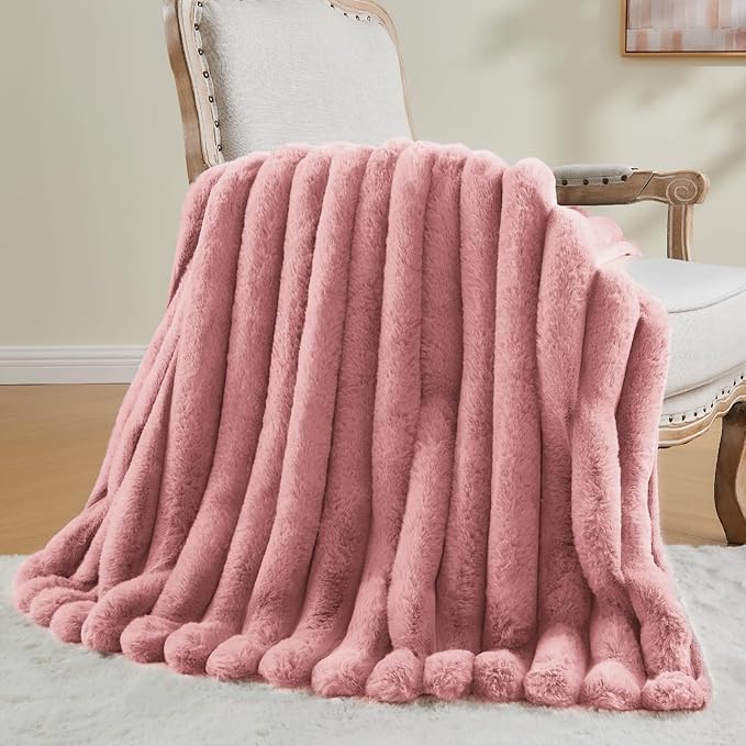 BEDELITE Faux Fur Throw Blanket for Couch, Soft and Cozy Luxurious 3D Striped Pink Fluffy Blanket, 770GSM Thick Warm Plush Fuzzy Faux Rabbit Fur Blanket for Women Gift, 50