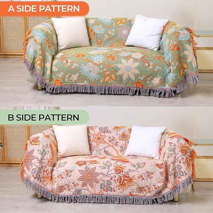 Boho Fall Throw Blanket for Bed，100% Ultra Cotton Soft Breathable Bed Throw Floral Printed Farmhouse Decor Rustic Bed Throws for Couch Sofa Quilt 90" x 98"-Orange& Sage Green