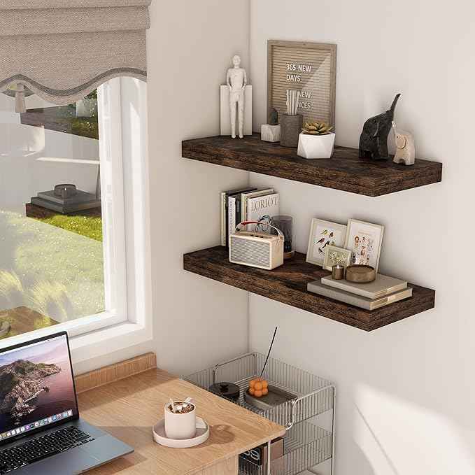 30 Inch Floating Shelves, 12 Inch Deep Floating Shelf for Wall, Rustic Deep Shelves for Books, Bathroom, Living Room, Kitchen, 30 x 12 x 2 Wood Floating Shelves, Rustic Brown Color, Set of 2