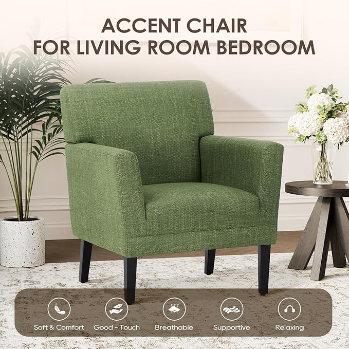 COLAMY Modern Accent Chair for Living Room, Upholstered Fabric Accent Armchair with Back, Soft Single Sofa Chair with Arms for Bedroom/Office/Reception Room, Green