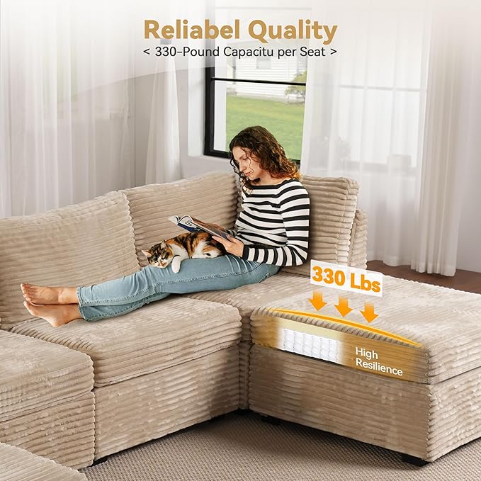 Modular Sectional Sofa, 130.7 Inch U Shaped Couch Set for Living Room, 4-Seater Comfy Cloud Couches with Two Movable Ottoman, DIY Combination, Plush Corduroy, Beige
