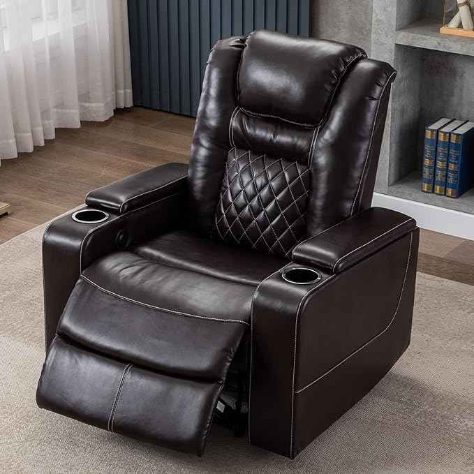 CANMOV Electric Power Recliner Chair with USB Ports and Cup Holders, Breathable Leather Home Theater Seating with Hidden Arm Storage (Brown)