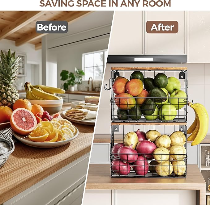 Delamu 2-Pack Stackable Metal Fruit Basket with Wood Lid-Wall Mounted & Countertop Organizer for Kitchen,Pantry- Ventilated Storage for Onions,Potatoes,Fruits,Spices (12