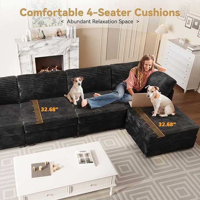 Modular Sectional Sofa with Chaise U Shaped Sectional Couch for Living Room, 5-Seater Comfy Cloud Couches, Plush Corduroy, Black