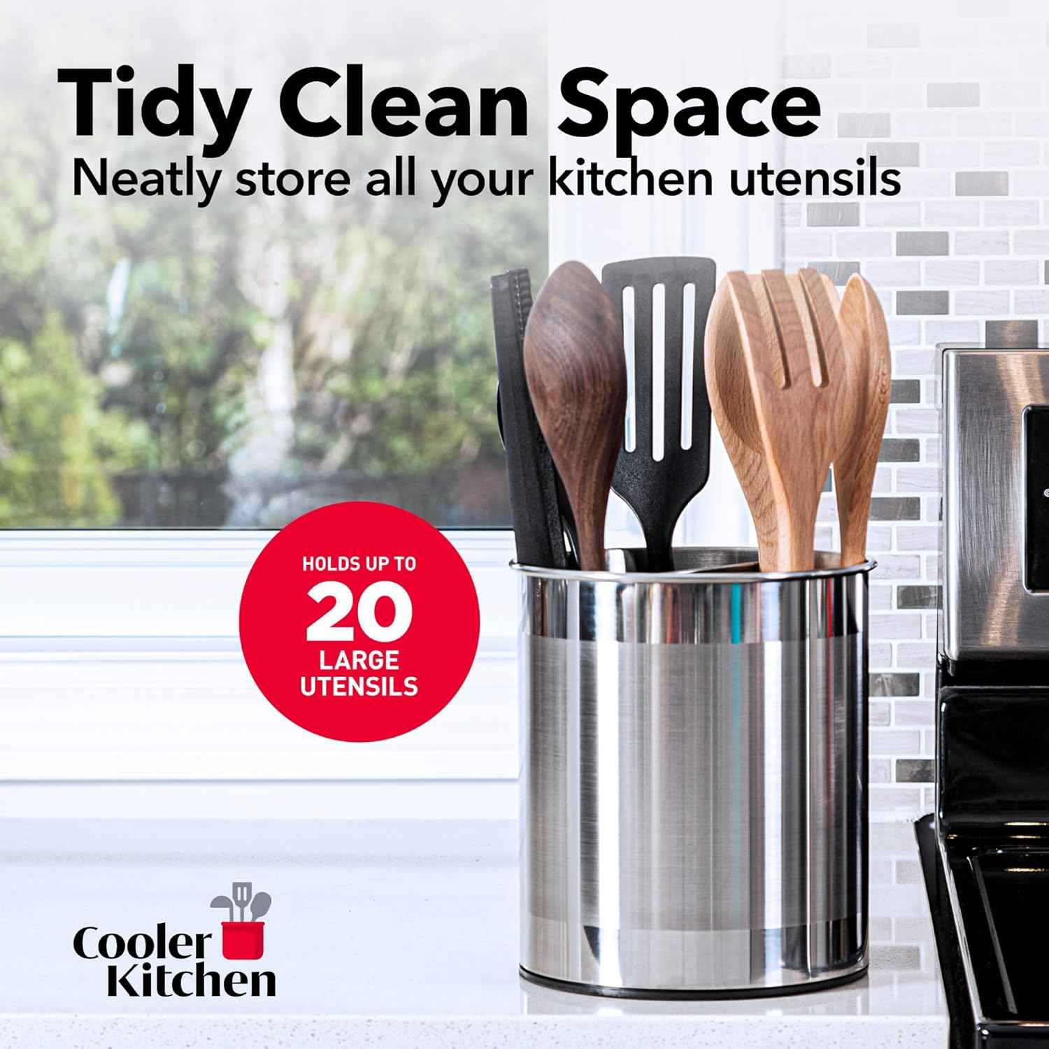 Extra Large Rotating Utensil Holder Caddy with Sturdy No-Tip Weighted Base, Removable Divider, and Gripped Insert: Metal | Rust Proof