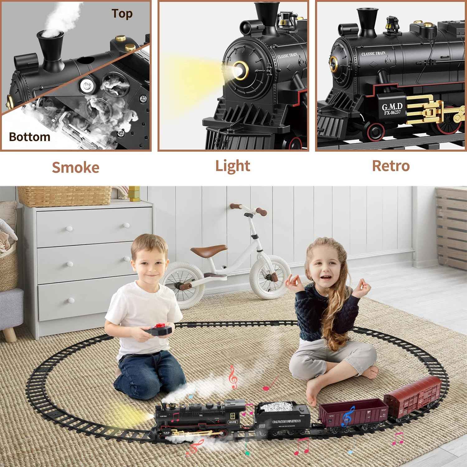 Kids Electric Train Set with Steam Smoke Lights Sounds Battery Powered