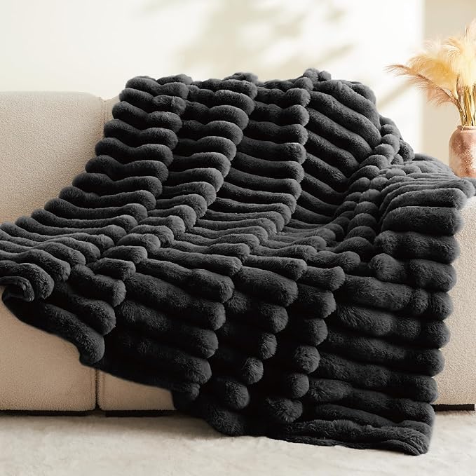 BEDELITE Faux Fur Throw Blanket for Couch, Soft and Cozy Luxurious 3D Striped Fluffy Blanket, 770GSM Thick Warm Plush Fuzzy Faux Rabbit Fur Blanket for Women Gift (Black, 50