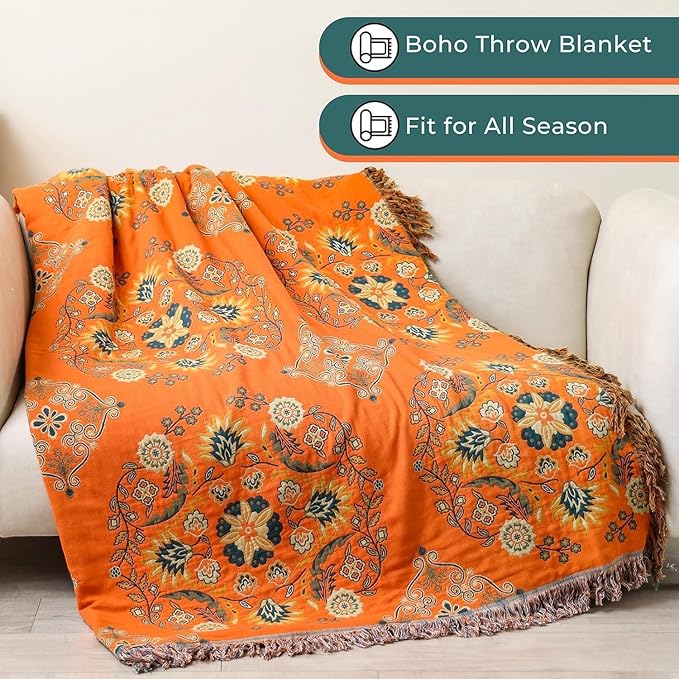 Throw Blanket for Couch Bed Chair,100% Cotton Soft Lightweight Blanket Rustic Quilt -Orange Floral Printed Farmhouse Decor Bed All Season Blankets,80