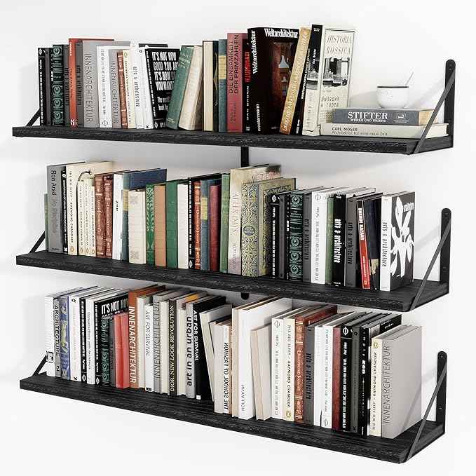 Heimlove 36 Inch Black Floating Bookshelves Set of 3,Heavy Duty Wall Mounted Bookshelves,Bookshelf for Living Room,Bedroom,Kitchen,Laundry Room Storage & Decor