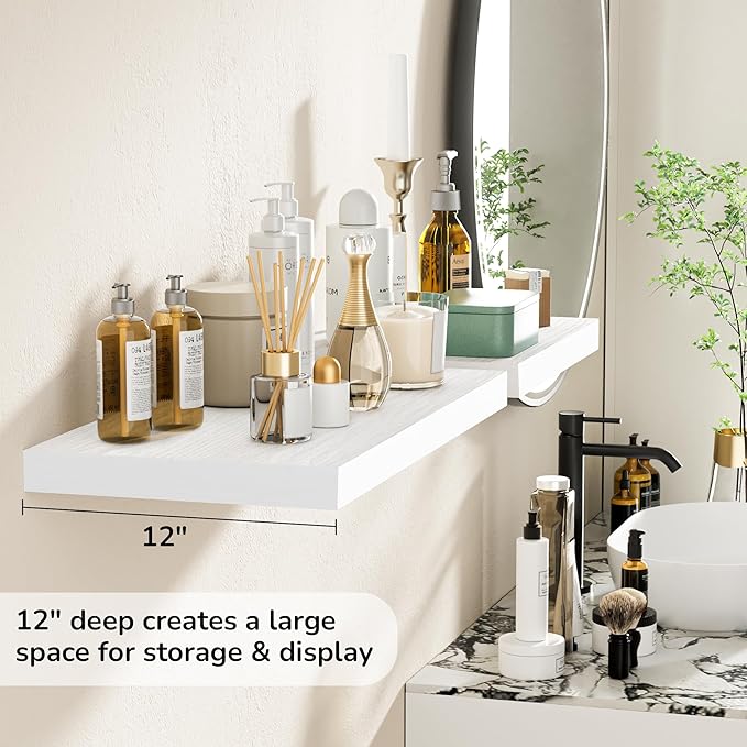 Fun Memories Floating Shelves - 2 Pack 12 Inch Deep Rustic Wooden Wall Shelves - Extra Deeper & Thicker Wall Mounted Storage Shelf for Living Room, Kitchen, Farmhouse - 24