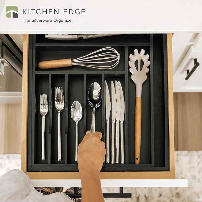 Premium Silverware, Flatware and Utensil Organizer for Kitchen Drawers, Food-Safe Contract Grade, Expandable from 14.5 to 25 In, Black Bamboo