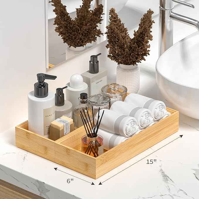 Kitchen Drawer Organizer Tray, Stackable Bamboo Deep Drawer Organizer for Large Silverware, Utensils, Cutlery, Flatware,Junk Drawer, Dresser, Bathroom, 17