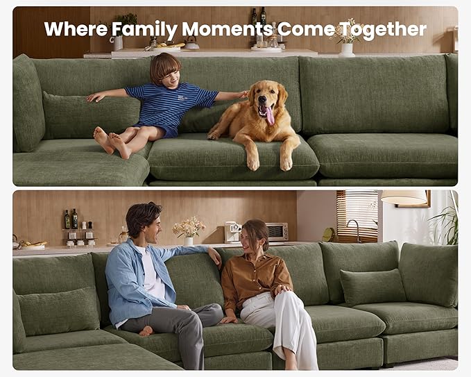 Oversized Modular Sofa, Extra Deep Cloud Corduroy Sectional Couch with Ottoman Chaise, Fluffy Chenille L-Shaped Sofas for Living Room, Villa (Sofa Bed 8 Seater, Chenille Green)
