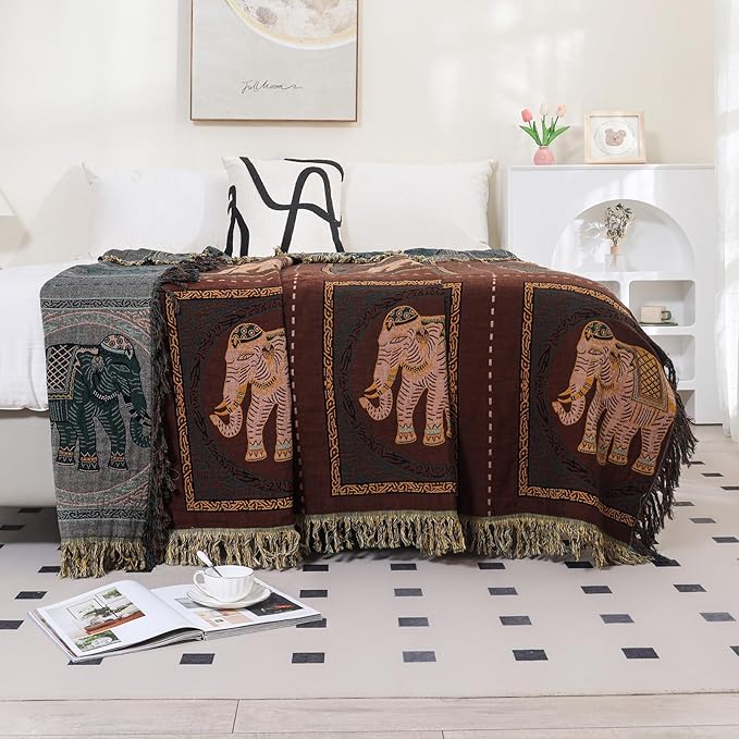 Boho Throw Blanket for Bed with Tassels,100% Cotton Ultra Soft and Cozy Large Blanket Elephant Printed Farmhouse Decor Bed Blankets,60