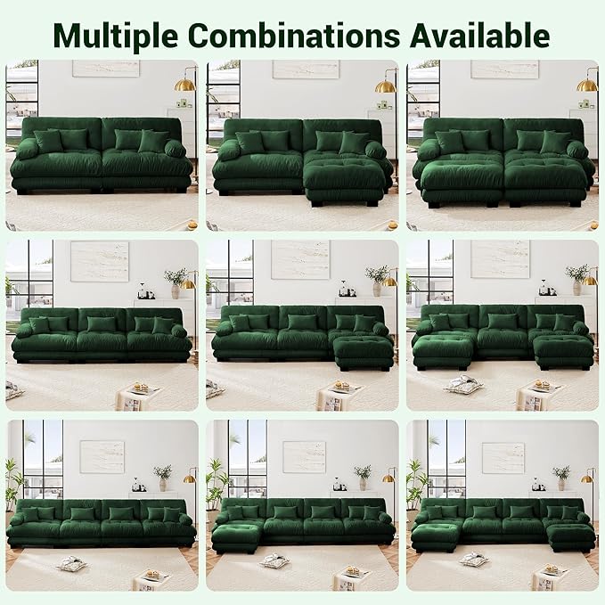 Modular Sectional Sofa, Comfy Cloud Couch 3 Seater Couch with Ottoman, Sectional Couches for Living Room, Modern Chenille L Shaped Couches, Sleeper Deep Seat Sofa with Throw Pillows, Green