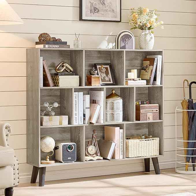 LEYAOYAO 10 Cube Bookshelf,3 Tier Modern Wide Bookcase with Legs,Mid-Century Wood Bookshelves Storage，Retro Grey Large Book Case,Freestanding Organizer Display Shelf for Bedroom,Living Room,Office