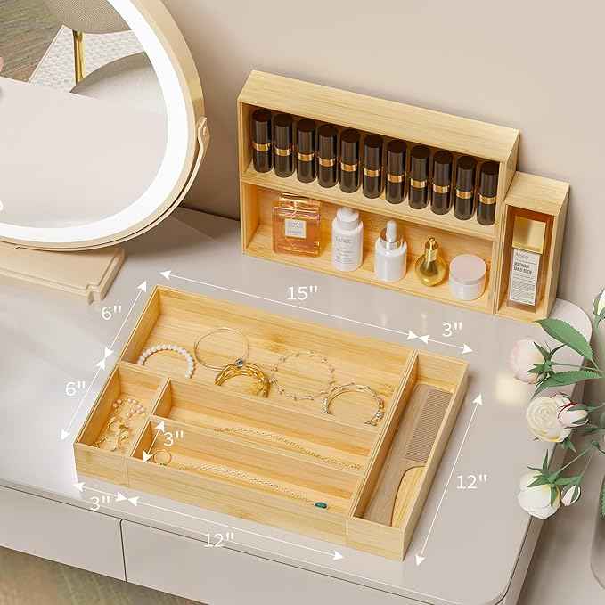 Kitchen Drawer Organizer Bins, Stackable Bamboo Deep Drawer Organizer for Silverware, Utensils, Cutlery, Flatware, Junk Drawer, Dresser, Bathroom, 6