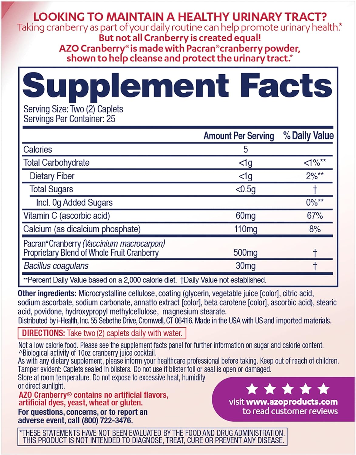 AZO | Cranberry Caplets | Urinary Tract Health Support | 50 Count