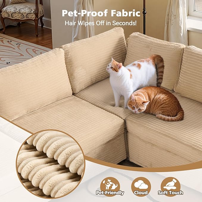 Modular Sectional Sofa with Chaise U Shaped Sectional Couch for Living Room, 5-Seater Comfy Cloud Couches, Plush Corduroy, Beige