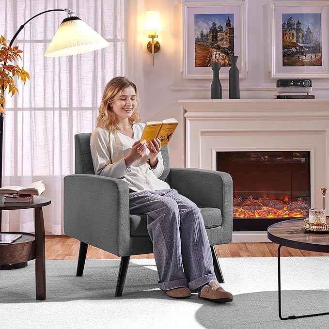 Yaheetech Modern Living Room Chair, Mid-Century Armchair Button Tufted Back and Wood Legs, Vintage Lounge Chair for Bedroom/Home Office/Study, Gray