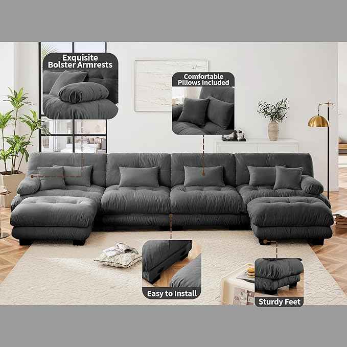 Modular Sectional Sofa U Shaped Sectional Couch, 4 Seater Cloud Couch with Ottoman, Modern Oversized Deep Seat Couches for Living Room, Comfy Chenille Sofa with 6 Throw Pillows, Gray