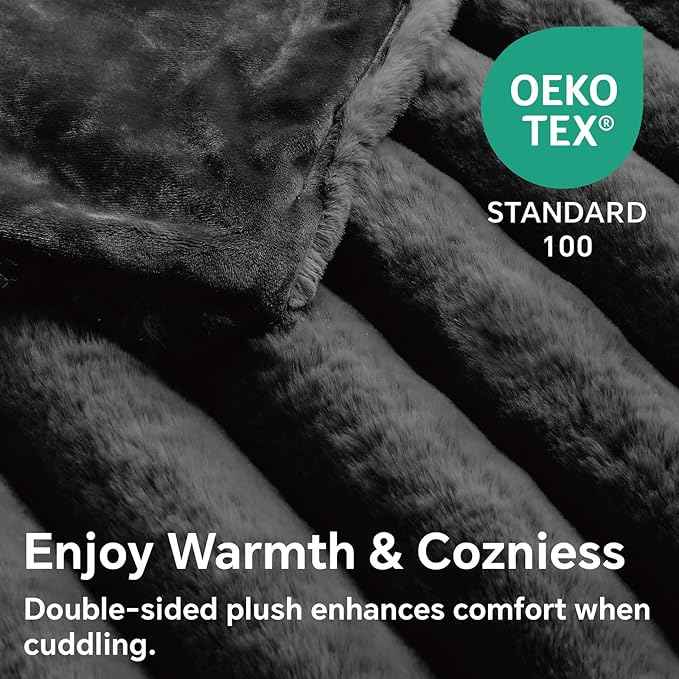 BEDELITE Faux Fur Throw Blanket for Couch, Soft and Cozy Luxurious 3D Striped Fluffy Blanket, 770GSM Thick Warm Plush Fuzzy Faux Rabbit Fur Blanket for Women Gift (Black, 50