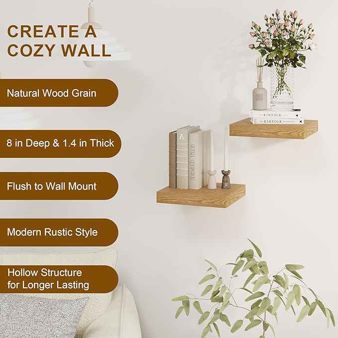 Fun Memories Floating Shelves, 8 Inch Deep Floating Shelves for Wall, 8 x 8 Wall Shelves, Rustic Wood Floating Shelf for Living Room, Bedroom, Bathroom, Oak Color, Set of 2