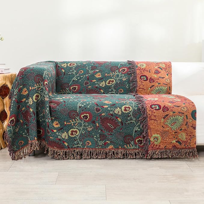 Boho Fall Throw Blanket for Bed，100% Ultra Cotton Soft Breathable Bed Throw Floral Printed Farmhouse Decor Rustic Bed Throws for Couch Sofa Quilt 90