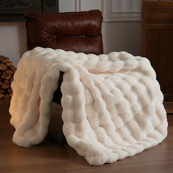 BENVWE Faux Fur Throw Blanket for Couch - Thickened Fluffy Soft Bubble Blanket for Living Room Home Decor - Mothers Day Birthday Gifts for Women Men, Cream White, 50